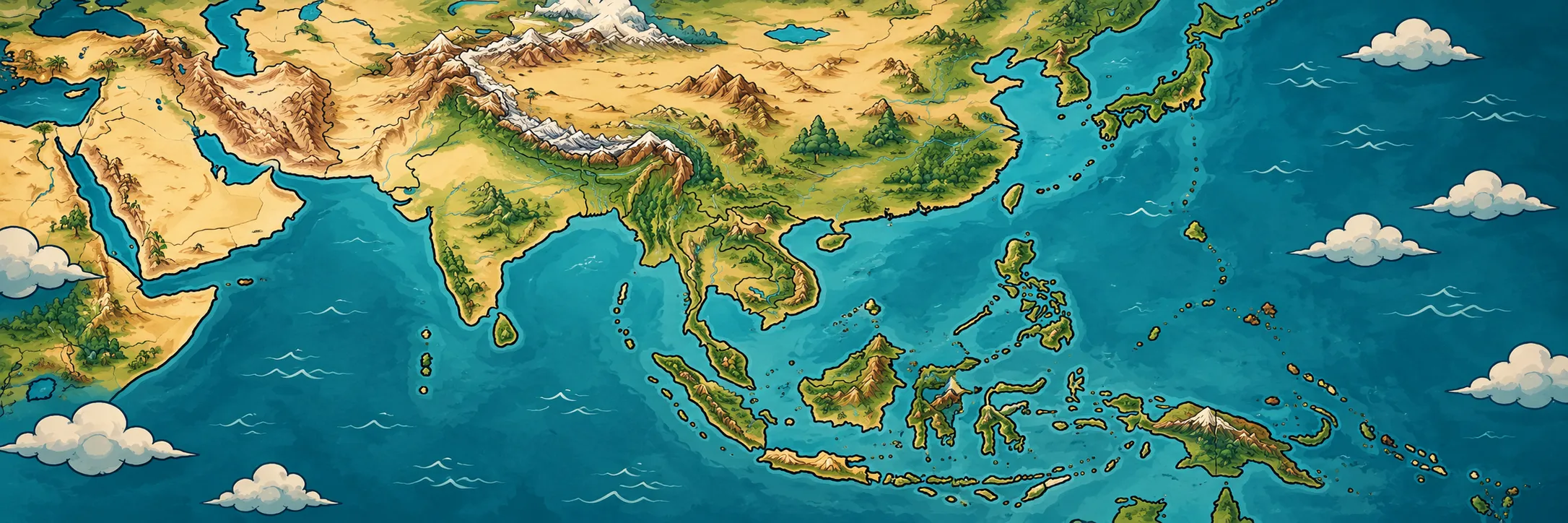 Hand-painted map of Asia with pins on the airports in Urinal Rules Forever
