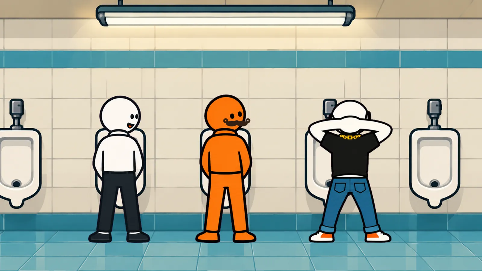 Three cartoon men standing at urinals, one of them smiling and chatting